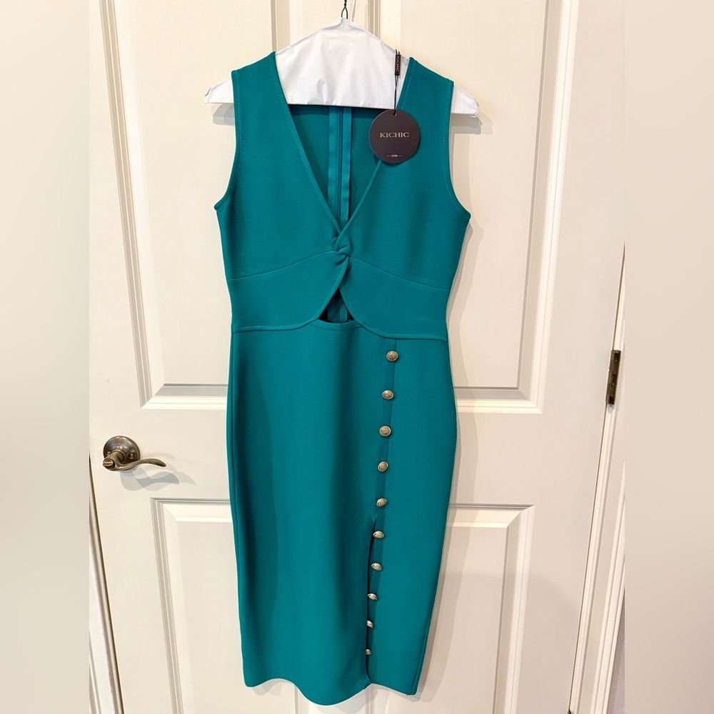 NWT KICHIC Paris Button-Detail Women's Green Dress, medium.